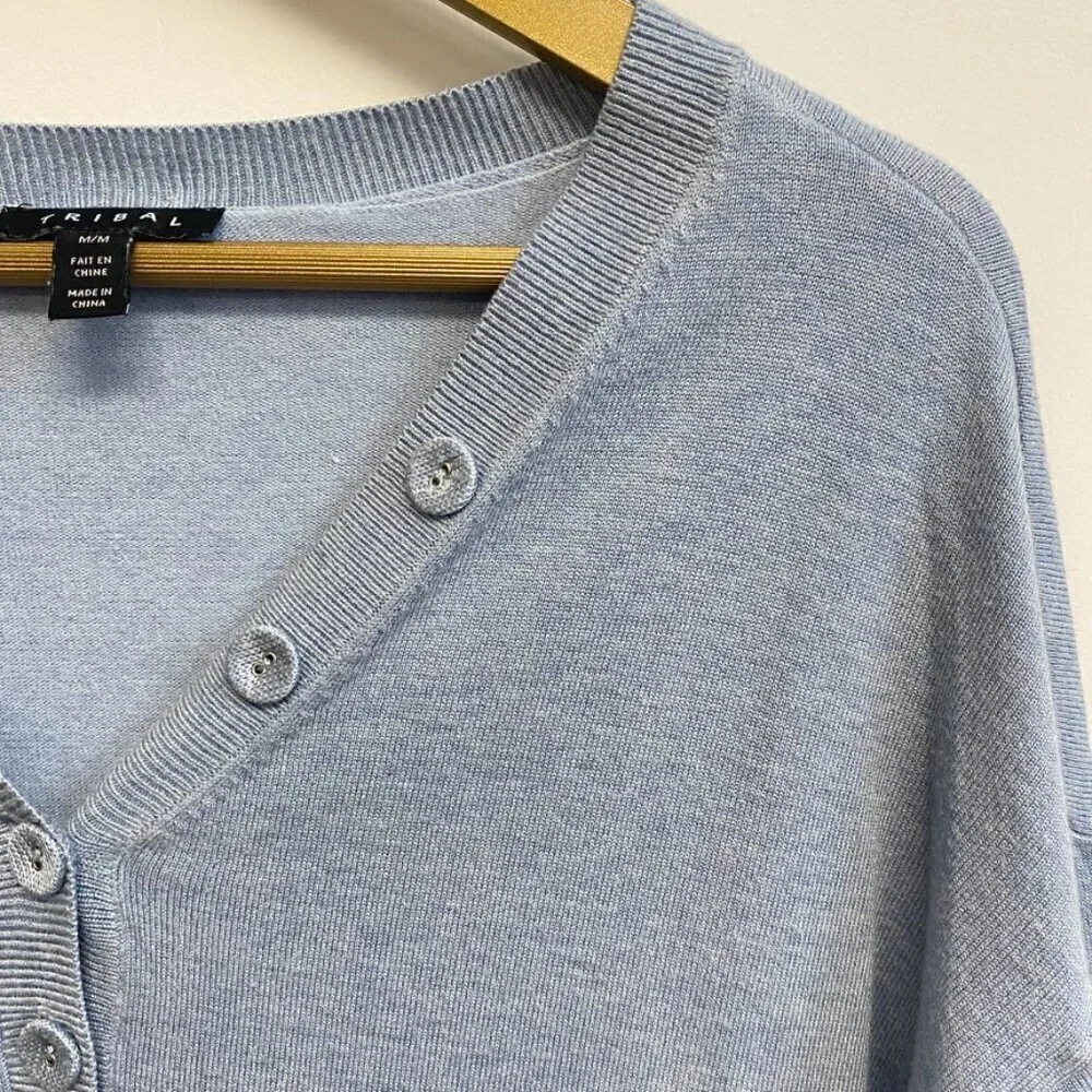 Tribal Blue V Neck Button Sweater